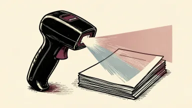 Zebra Technologies earnings announcement: a handheld barcode scanner on a desk casting a beam of light.