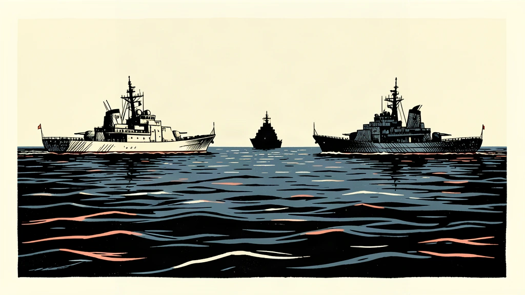 An editorial illustration showing a large ship silhouette moving to fill a gap between two other distant vessels on a dark sea.