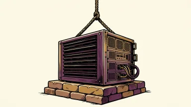 Nvidia valuation approaching six trillion dollars: a heavy industrial server chassis being hoisted upward by a thick rope.