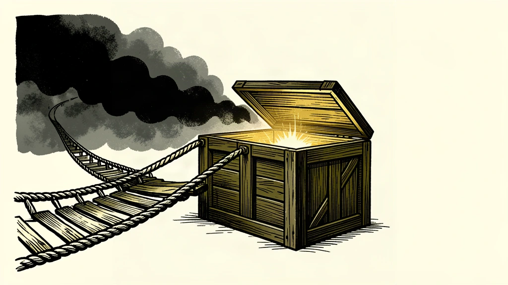 An illustration of a shipping crate on a rope bridge that disappears into a thick wall of fog, representing trade uncertainty.