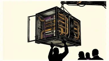 Vertiv stock receives an Outperform rating: a large data center cooling rack is hoisted upward by a mechanical lift.