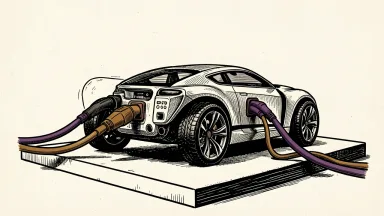 Tesla secures $30 billion in new credit: three heavy industrial power cables plug into a modern electric vehicle chassis.