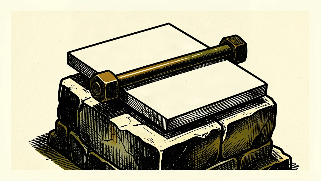 A digital screen tile is bolted down to a heavy stone base by a thick iron bar, representing the support for compulsory regulation.