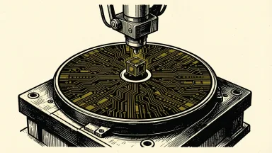 Xanadu and GlobalFoundries partnership: a mechanical arm lowers a quantum component onto a large etched silicon wafer on an industrial production line.