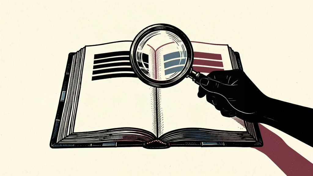 A minimalist editorial illustration of a magnifying glass held over a ledger with two thick columns of ink, representing a fiscal review.
