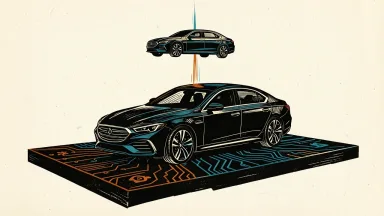 Mercedes-Benz and NVIDIA extend partnership for Level 4 automated driving and robolimousines, depicted by a sedan on a circuit platform with a floating robolimousine above.