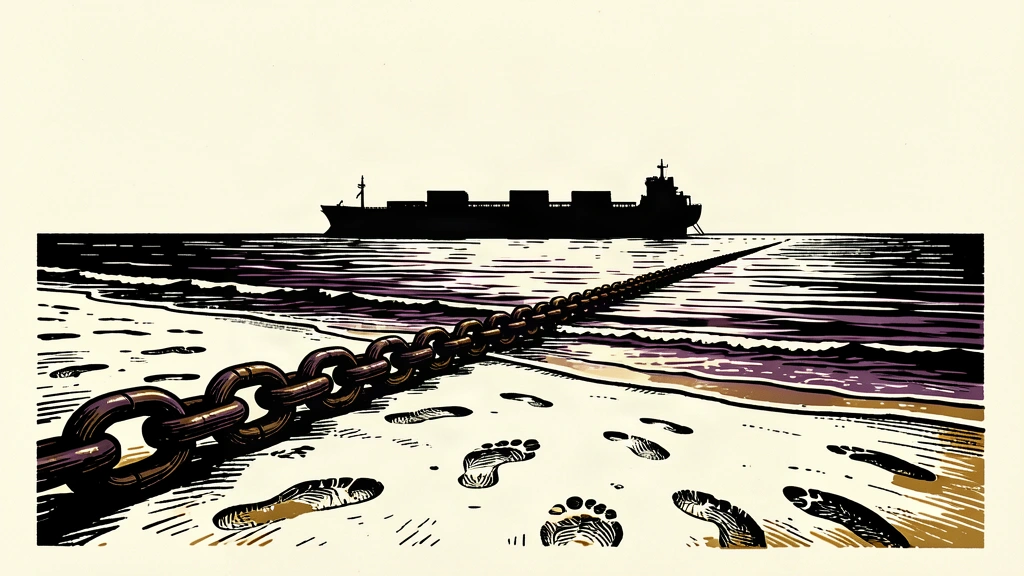 An editorial illustration showing a heavy chain securing a coastline while a ship waits on the horizon, representing the capture of the Red Sea coast.