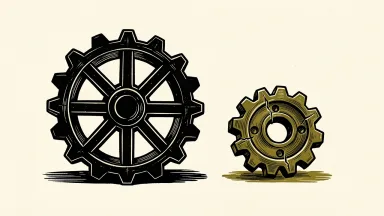 Quantum computing: a six-spoke gear beside a cracked gear on a flat surface.