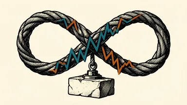Cboe Global exploring VIX perpetual futures: a continuous infinity loop of cable with a jagged volatility line carved into it, anchored to a stone base.
