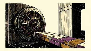 BitGo and HashKey Cloud partnership: a stone bridge connects a heavy open vault to a modern pillar, with a digital lattice visible inside.
