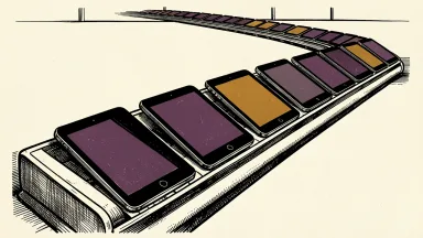 Apple product launch frequency: a series of sleek, blank geometric tablets moving in a tight, rapid sequence on a curved conveyor belt.