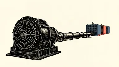 A large industrial gas turbine connected to a long pipeline leading to a series of liquefaction blocks.