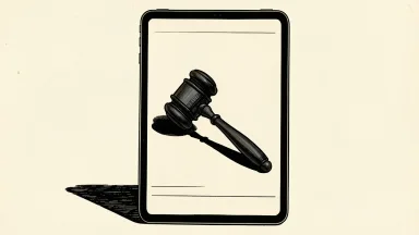 Doximity faces a securities fraud lawsuit: a heavy gavel rests across a tablet displaying a blank newsfeed layout.