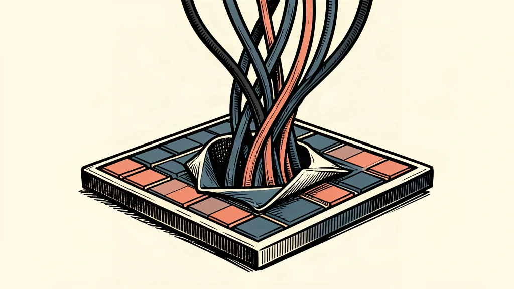 An illustration of a digital tile with its surface peeling away to reveal rising, untethered cables.