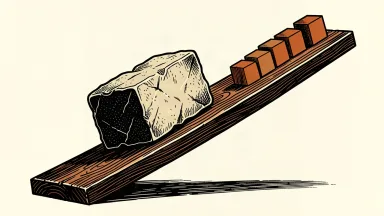 The Dow index sliding as Treasury yields rise: a heavy stone block tilting a wooden plank, causing smaller blocks to slide downward.