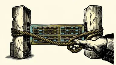 Micron stock range-bound in AI trade: a computer memory module held between two stone pillars while a hand pulls a rope taut around it.