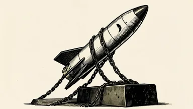 SpaceX rocket on a launchpad held down by heavy chains and a large block, representing the company's plan to raise debt for AI infrastructure.