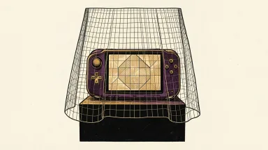 Video game stocks facing Meta's AI tools: a solid handheld gaming console remains intact behind a translucent digital mesh curtain.