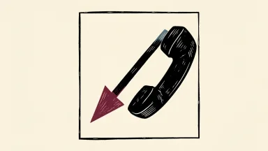 AT&T price target cut depicted as a downward arrow over a telephone handset silhouette.