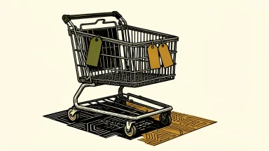 Walmart pricing policy: a shopping cart with two identical price tags side-by-side, avoiding a circuit-patterned floor tile.