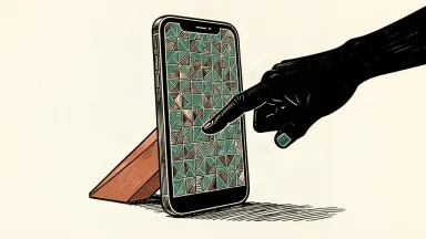 An editorial illustration showing a large smartphone with a tiled screen being propped up by a solid wedge, representing the push for a new super app and increased discounts.