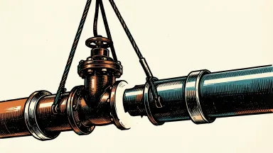 Chevron divesting Bakken midstream assets: a large pipeline valve is lifted away from a reinforced pipe section.
