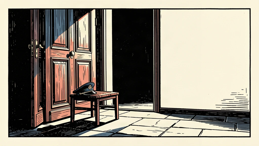 An editorial illustration of an abandoned military cap on a chair next to a door left ajar, symbolizing a defense minister going into hiding.