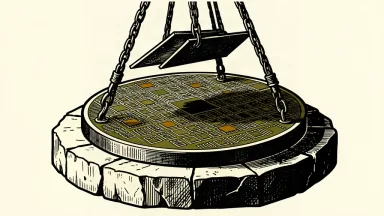 A heavy metal plate descends onto a large silicon wafer resting on a stone base, representing the pressure of rising manufacturing costs and price hikes.