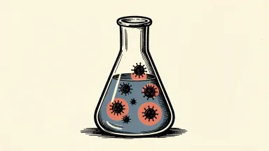 Lakewood-Amedex Biotherapeutics preclinical data: a laboratory flask where dark bacterial shapes are neutralized by solid circular compounds.