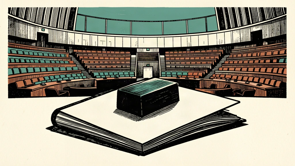 An illustration of a passport held down by a heavy weight, with an empty UN General Assembly hall in the background.