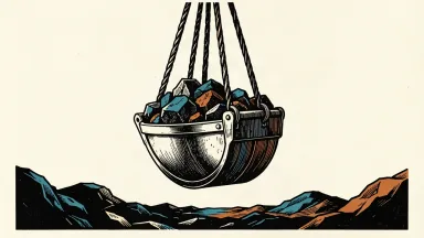 Greenland Mines raises capital from existing investors: a heavy mining bucket filled with ore is hoisted upward by taut cables.