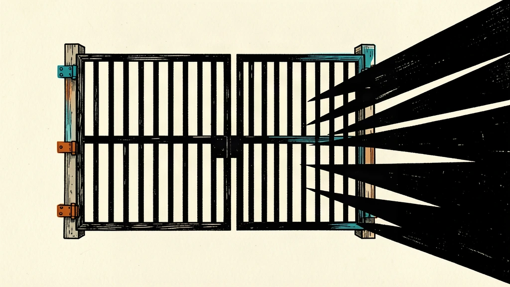 An editorial illustration of a sturdy border gate being pressed by sharp, dark shadows representing external provocations.