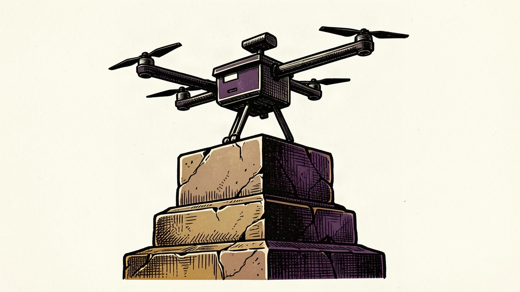 A delivery drone sits atop a three-tiered stone platform where the top tier is much larger than the others.
