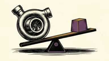 BorgWarner upgraded to Overweight by Morgan Stanley: a heavy automotive turbocharger outweighs a simple weight on a tilted balance scale.