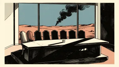 Wall Street leaders considering skipping the Future Investment Initiative: empty conference chairs on a dais overlooking a distant smoke plume in the desert.