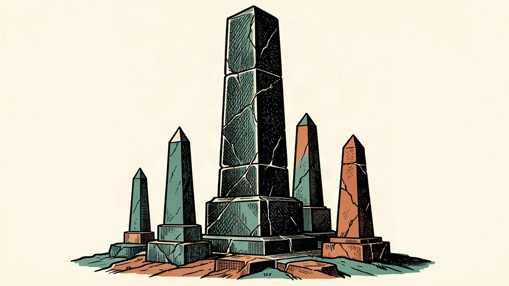A massive central stone pillar surrounded by smaller obelisks, some of which are elevated to show they are outperforming the main index.