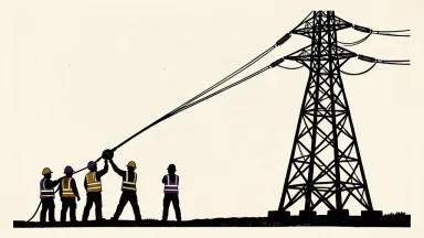 An illustration of utility workers hoisting a heavy power cable toward a massive transmission tower, representing the shift toward skilled labor in the power industry.