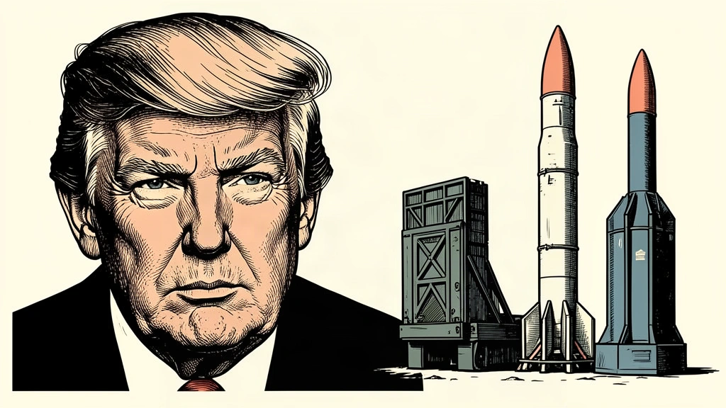An editorial illustration showing a portrait of Donald Trump next to three different vertical missile launch systems. Identity photo references adapted into illustration: Daniel Torok (Public domain; https://commons.wikimedia.org/wiki/File:Official_Presidential_Portrait_of_President_Donald_J._Trump_(2025).jpg); source https://commons.wikimedia.org/wiki/File:Official_Presidential_Portrait_of_President_Donald_J._Trump_(2025).jpg