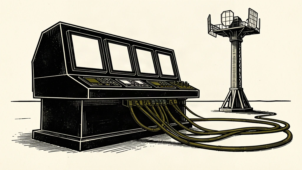 A heavy defense console connected by thick cables to a radar array, representing a large-scale integrated management system.