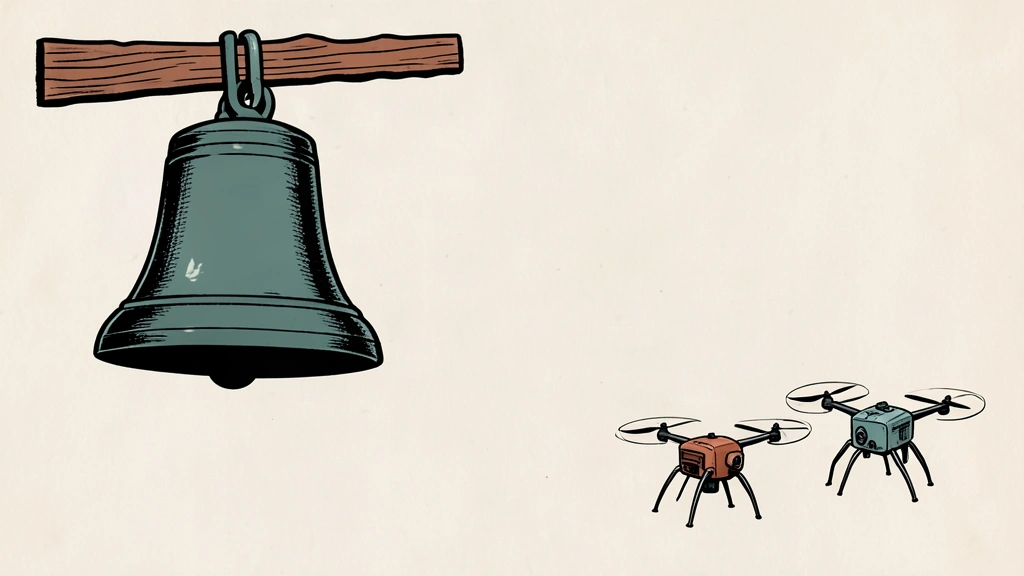 A linocut illustration of a large bell and three mechanical drone frames.