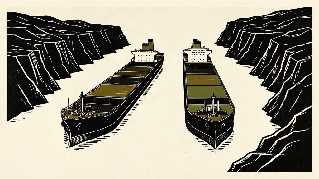 Two large oil tankers are framed by the narrow, dark walls of a maritime chokepoint.