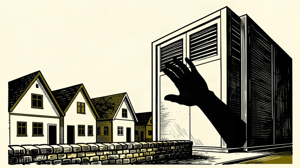 An editorial illustration showing a large industrial data center being pushed away from a row of small houses by a large silhouette hand.