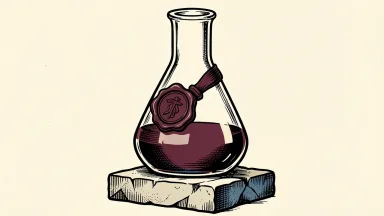 Revolution Medicines receives a Buy rating: a large laboratory flask on a stone pedestal with a formal wax seal pressed onto its side.