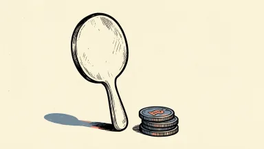 eBay price target cut: an auction paddle beside a reduced stack of coins.