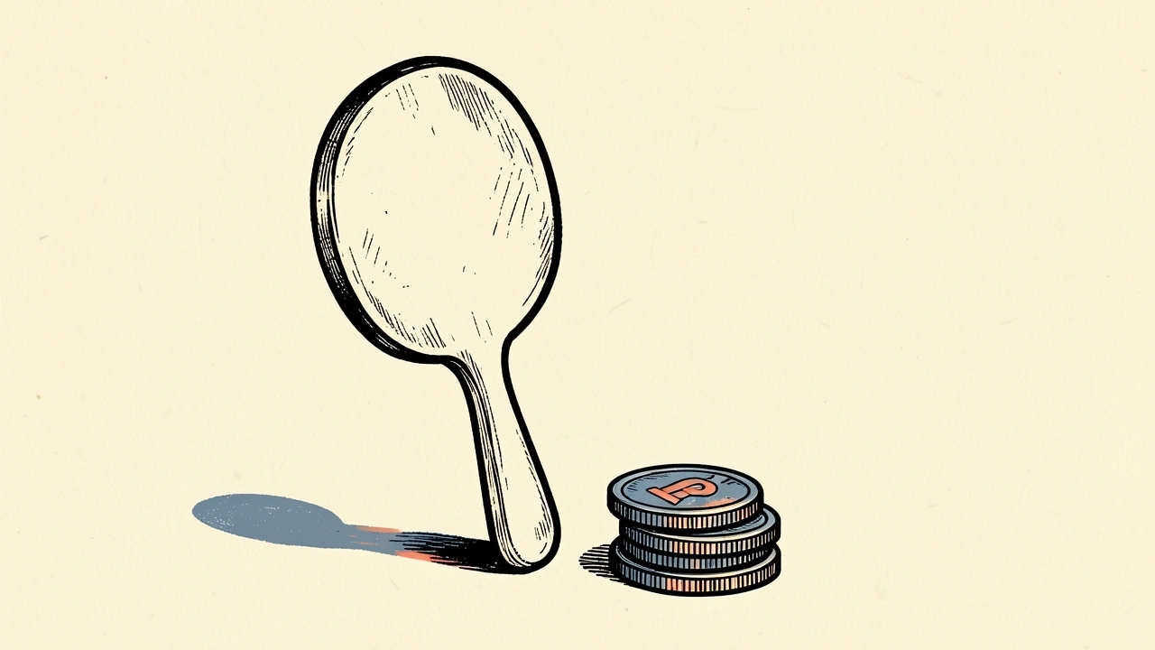 eBay price target cut: an auction paddle beside a reduced stack of coins.