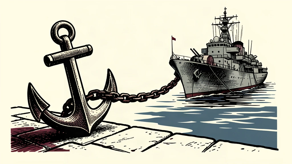 A heavy anchor and taut chain securing a naval ship to a pier, representing firm defense commitments.