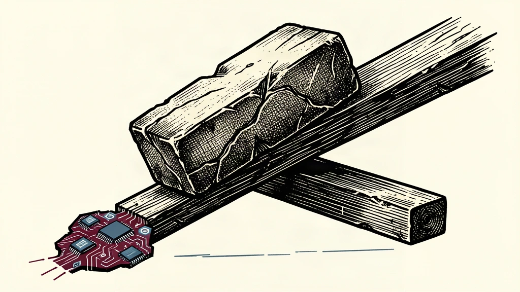 An editorial illustration showing a heavy block of inflation weighing down a beam, causing AI technology components to slide downward.