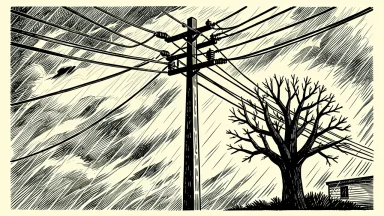 CenterPoint Energy storm-resilient infrastructure: a reinforced utility pole stands firm with taut power lines during a storm.