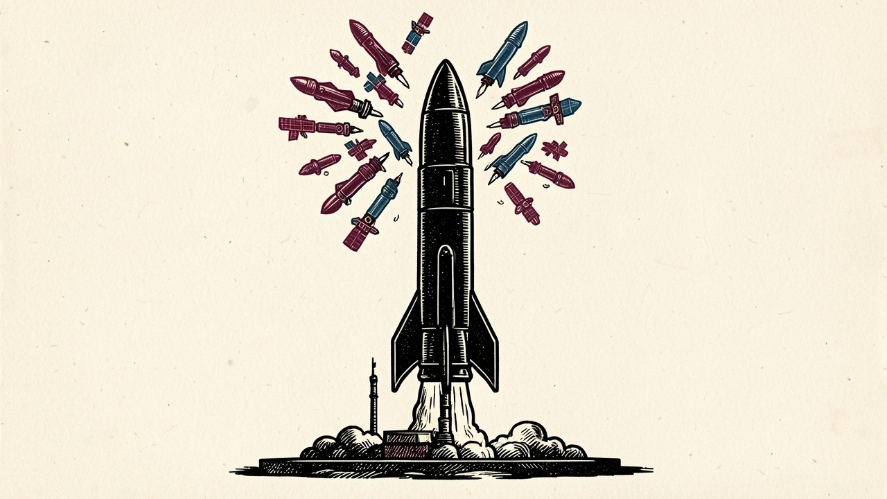 SpaceX launch shortage spurs record space investment spree, depicted as a large rocket surrounded by a swarm of smaller rockets and satellites.