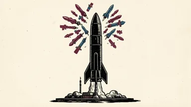 SpaceX launch shortage spurs record space investment spree, depicted as a large rocket surrounded by a swarm of smaller rockets and satellites.